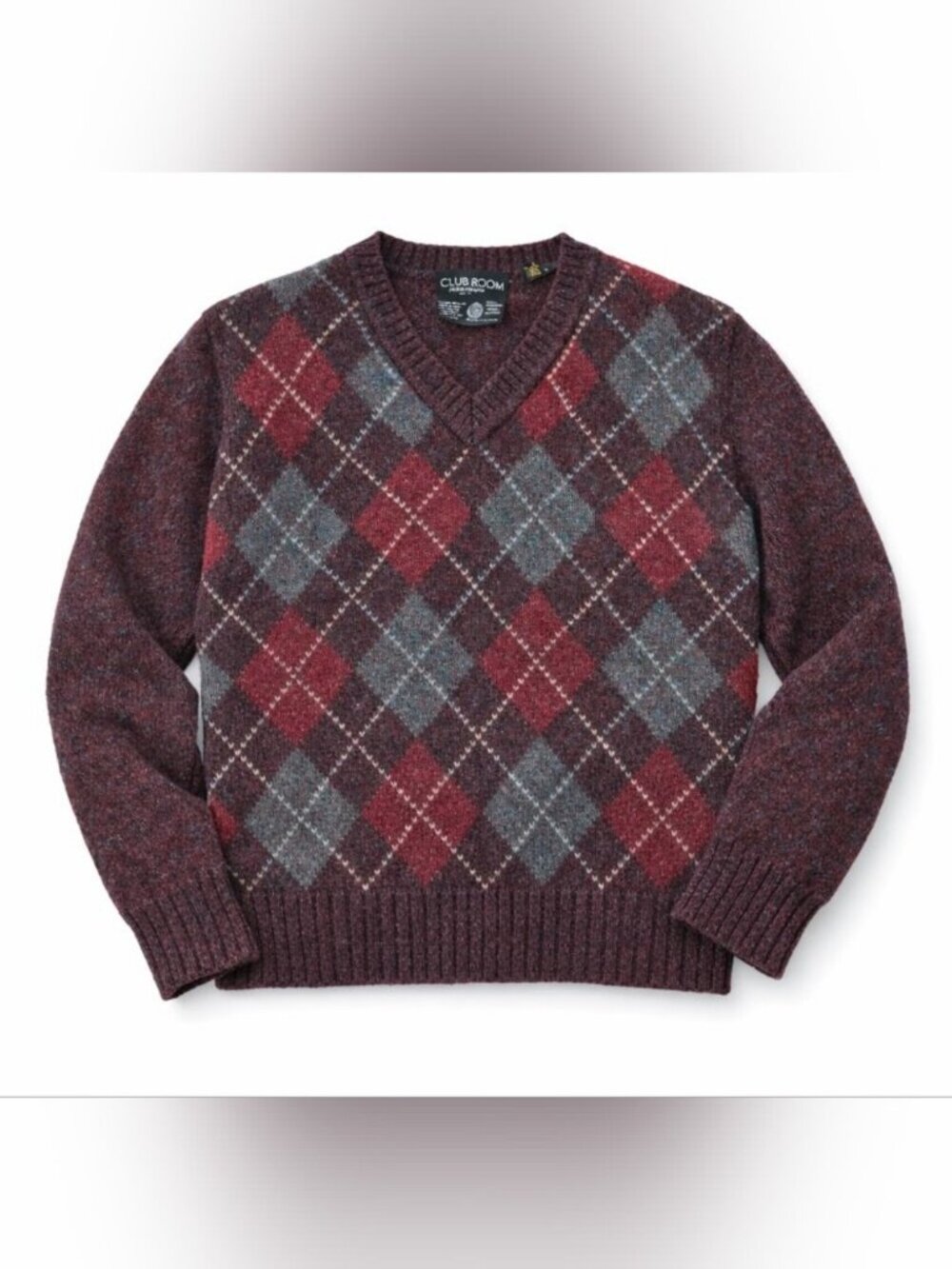 Vintage Shetland Wool Burgundy Argyle Preppy Heritage V‑Neck Sweater Size S